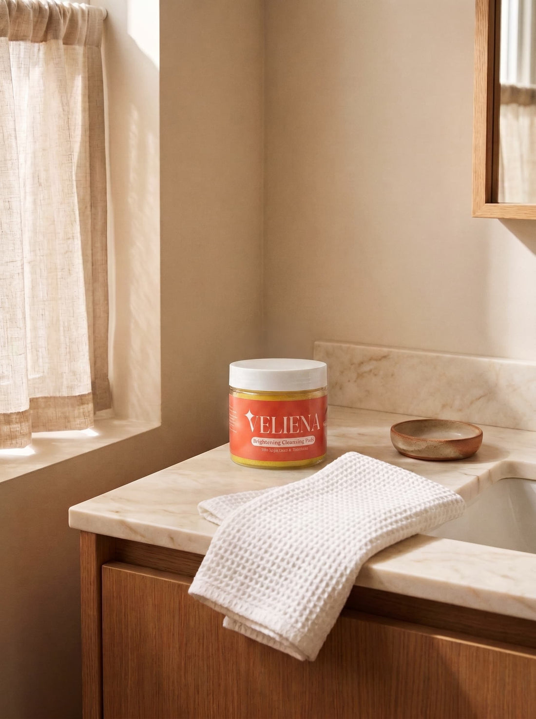A jar of Veliena Brightening Cleansing Pads on a bathroom counter in natural light